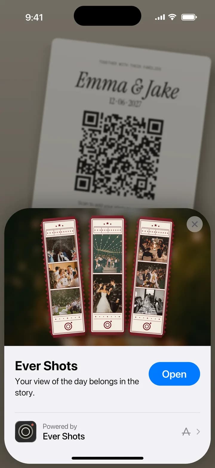 The Ever Shots App Clip card opening over an Emma & Jake wedding invitation with a QR code