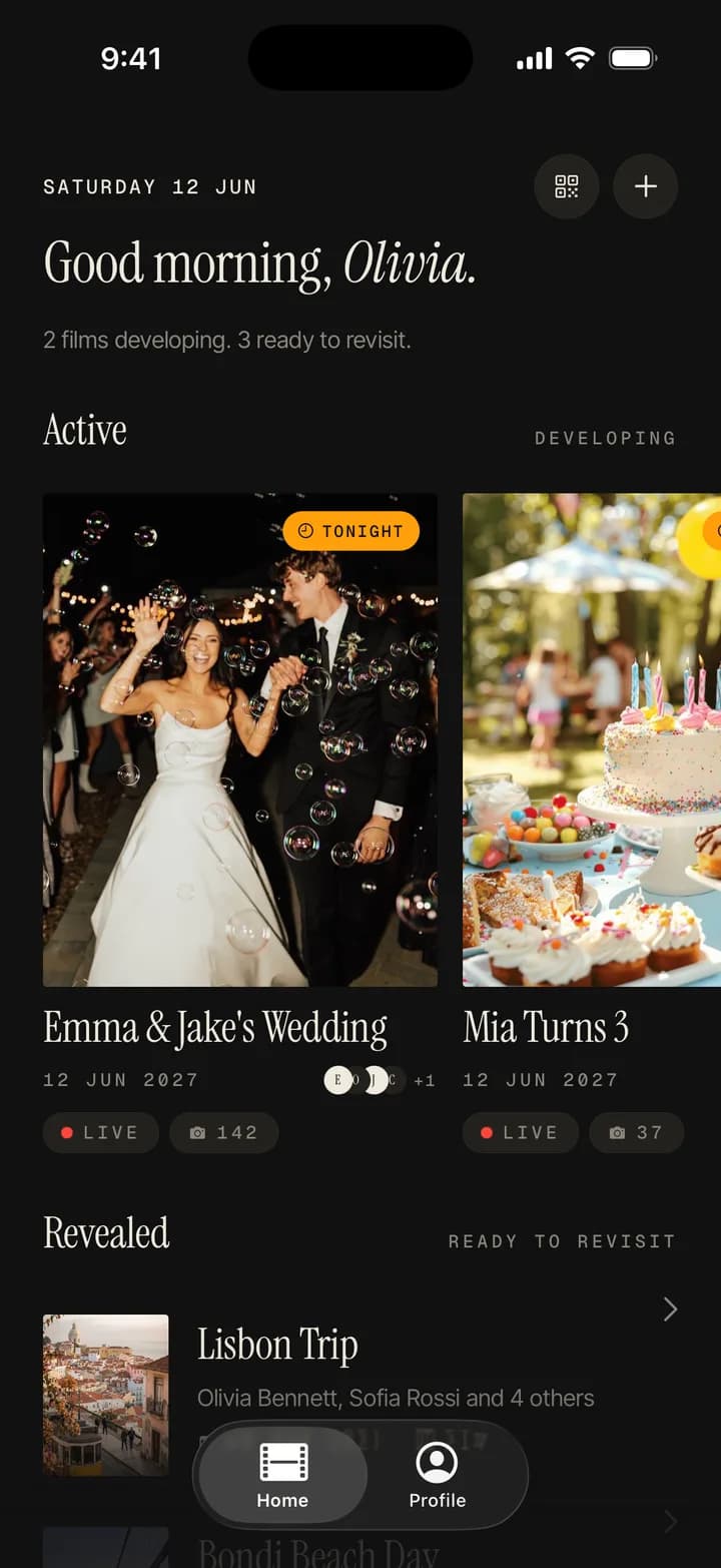 The Ever Shots home screen: two films developing, three ready to revisit