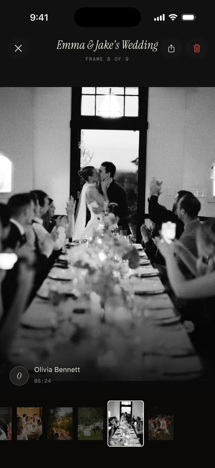 A black-and-white wedding frame open full screen in the Ever Shots viewer